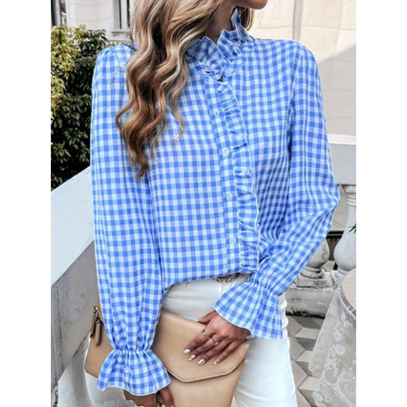 Polyester Geometric Pattern Blouse For Women With Long Sleeves And French Style Buttons For Spring Fashion
