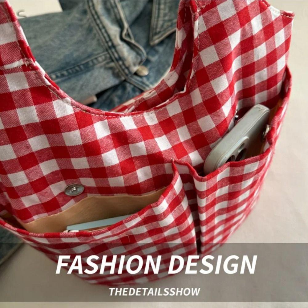 Fashion Red Plaid Tote Bag Large Capacity Shoulder Bag Lightweight Canvas Vest Bag  Storage Bag