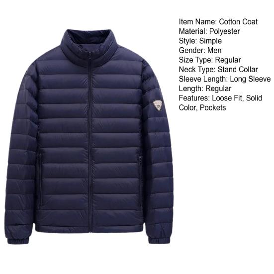 Men Cotton Coat Stand-Up Collar Long Sleeve Solid Color Quilted Jacket
