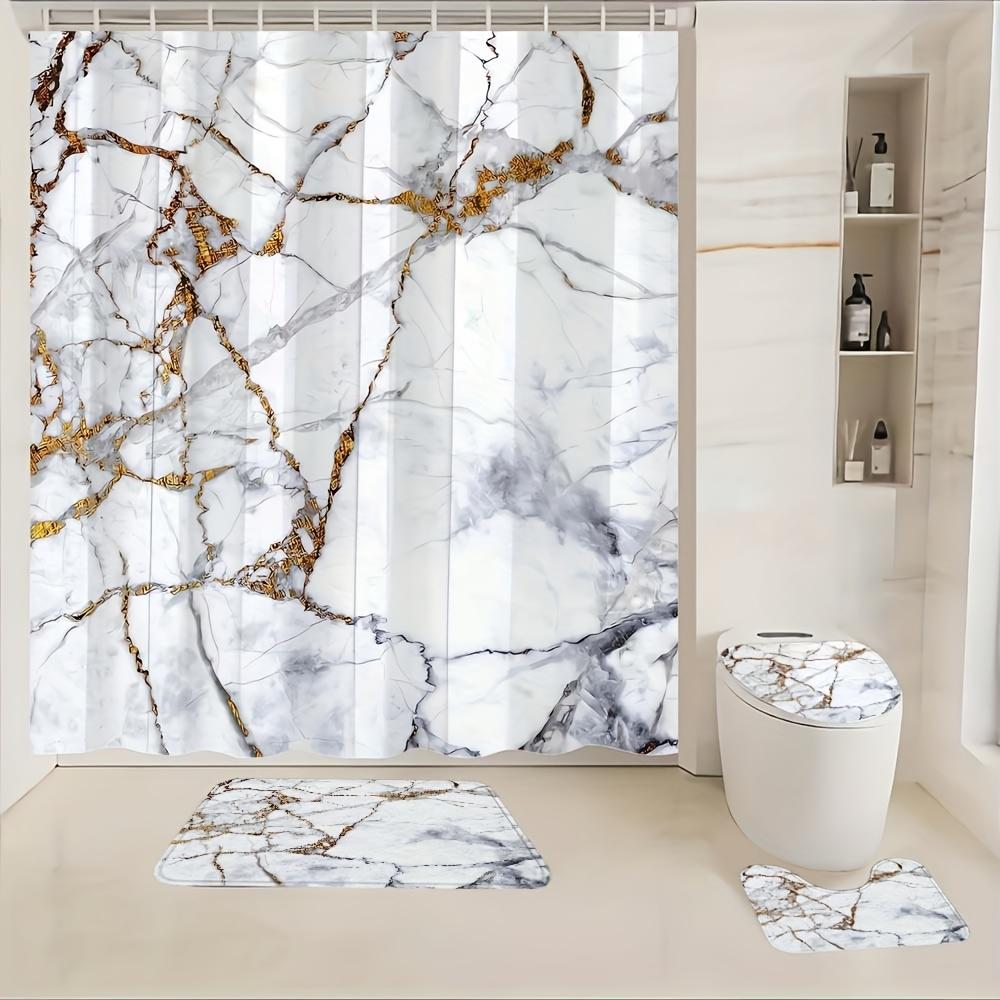 4-teiliges Badezimmer-Duschvorhang-Set Marmor Badezimmer-Vorhang mit 12 Haken Rutschfeste Teppiche Toilettendeckelmatte Badezimmer-Trennwand