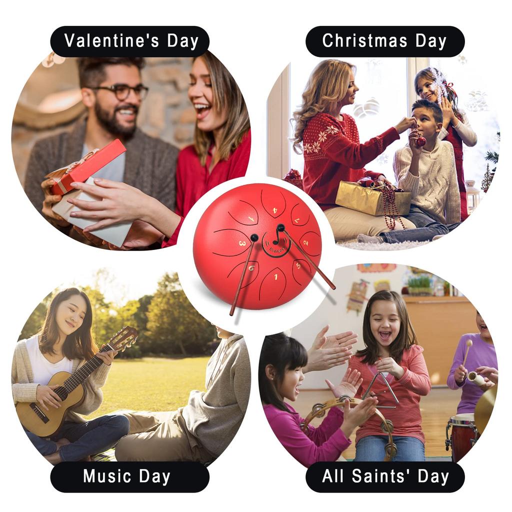 Raindrum Steel Tongue Drum, 8-Tone 6-Inch C Key Handpan Percussion Drum with Music Book and Mallets for Beginners, Meditation, Therapy, Concert, and