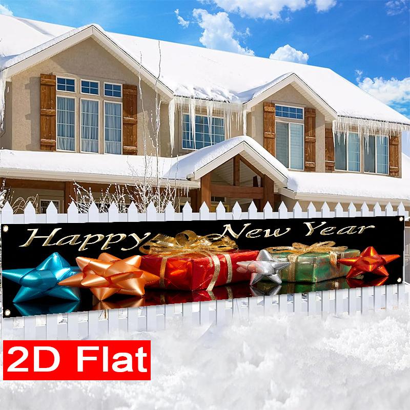 Happy New Year Gift Fence Banner, Pattern Polyester Outdoor Lawn Wall Holiday Party Decoration