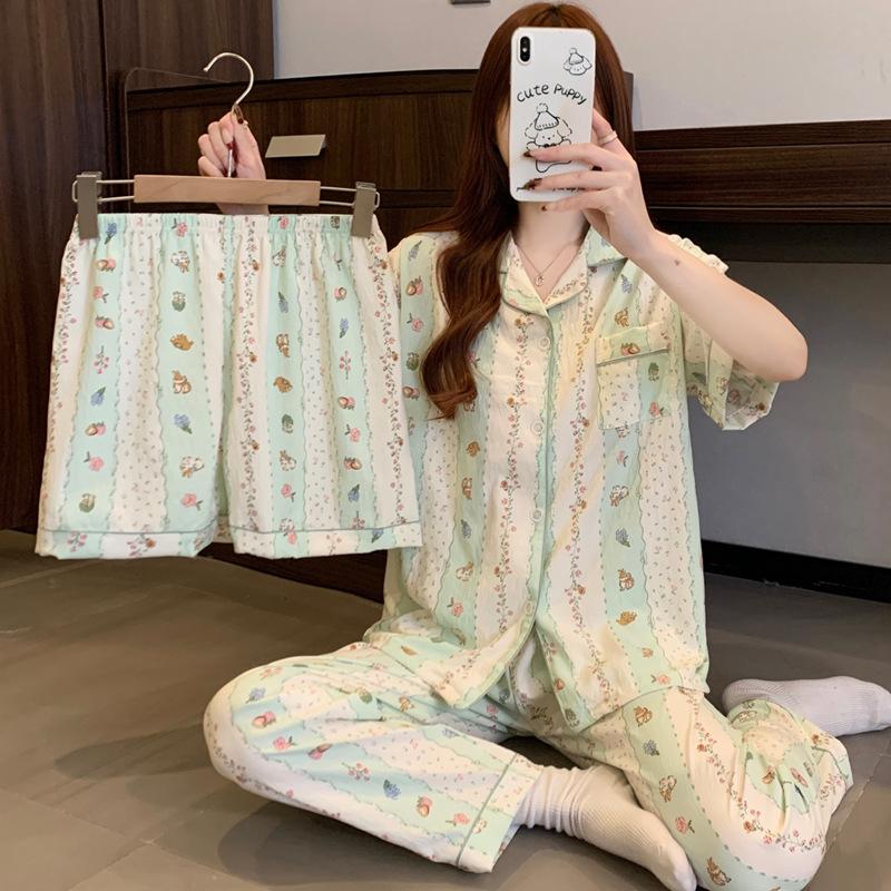 Summer Cloud Cotton Pajamas Women'S Japanese Casual Small Floral Short-Sleeved Trousers Loungewear Three-Piece Set