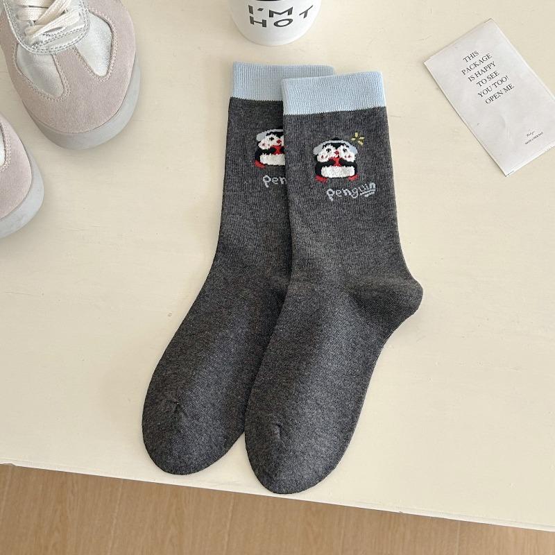 Niedliche Pinguin-Socken für Damen, Wadenlange Socken, Cartoon-Beflockte Tiere, Knochenlose Frottee-Baumwollsocken für Herbst und Winter