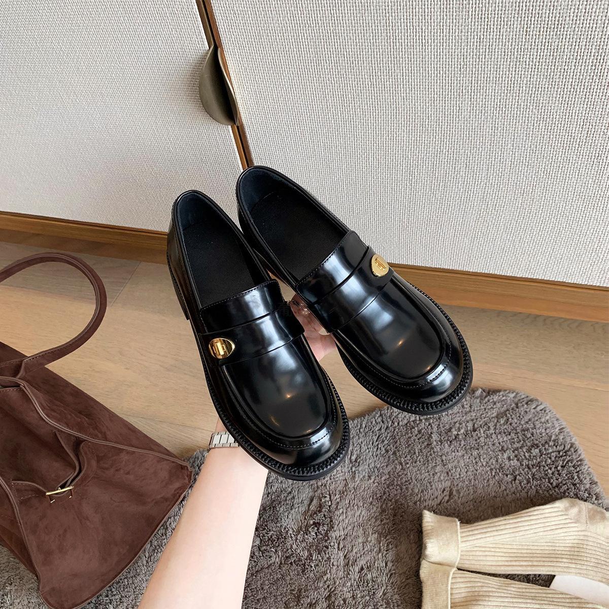 

Cowhide version~ Small leather shoes British style women s high versatile round head gold buckle one pedal thick heel loafers uniform single shoes 35