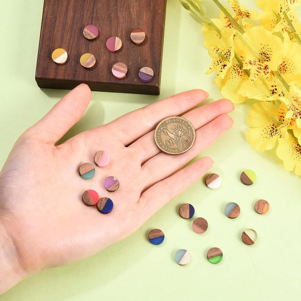 LiQunSweet 50 Pcs Handmade Mixed Random Color Vintage Natural Wood with Resin Cabochon Charm Bead Without Hole Round Shape for Necklace Earring