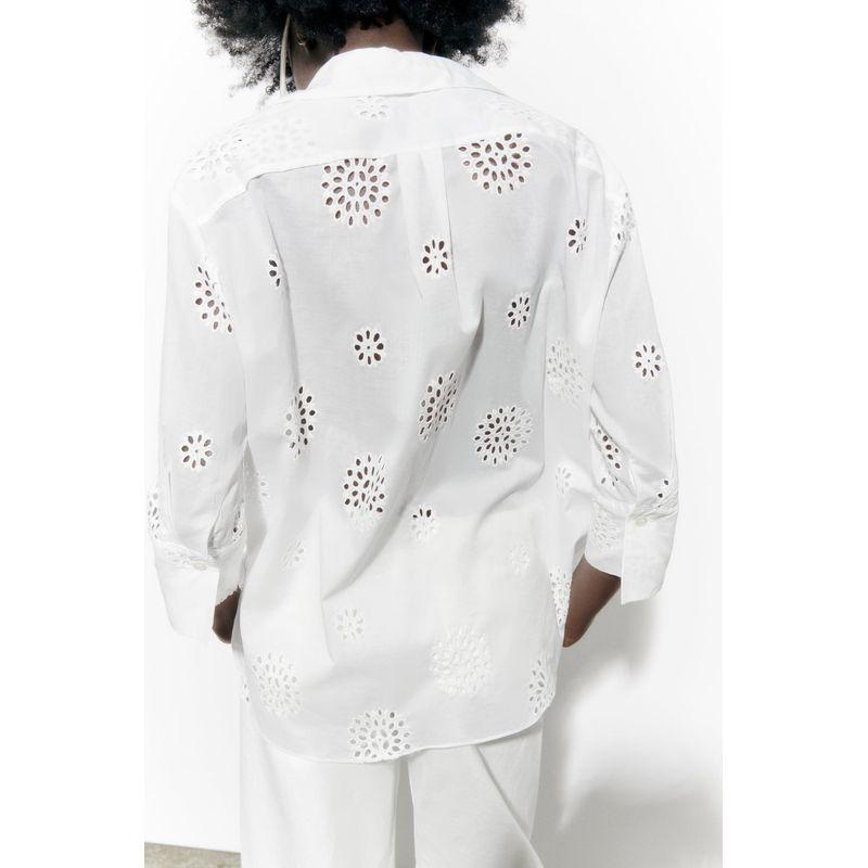 Za Summer New Arrival All-Matching Lapel Decorated Row Button Loose Casual Top Cut Out Embroider Shirt 4043064