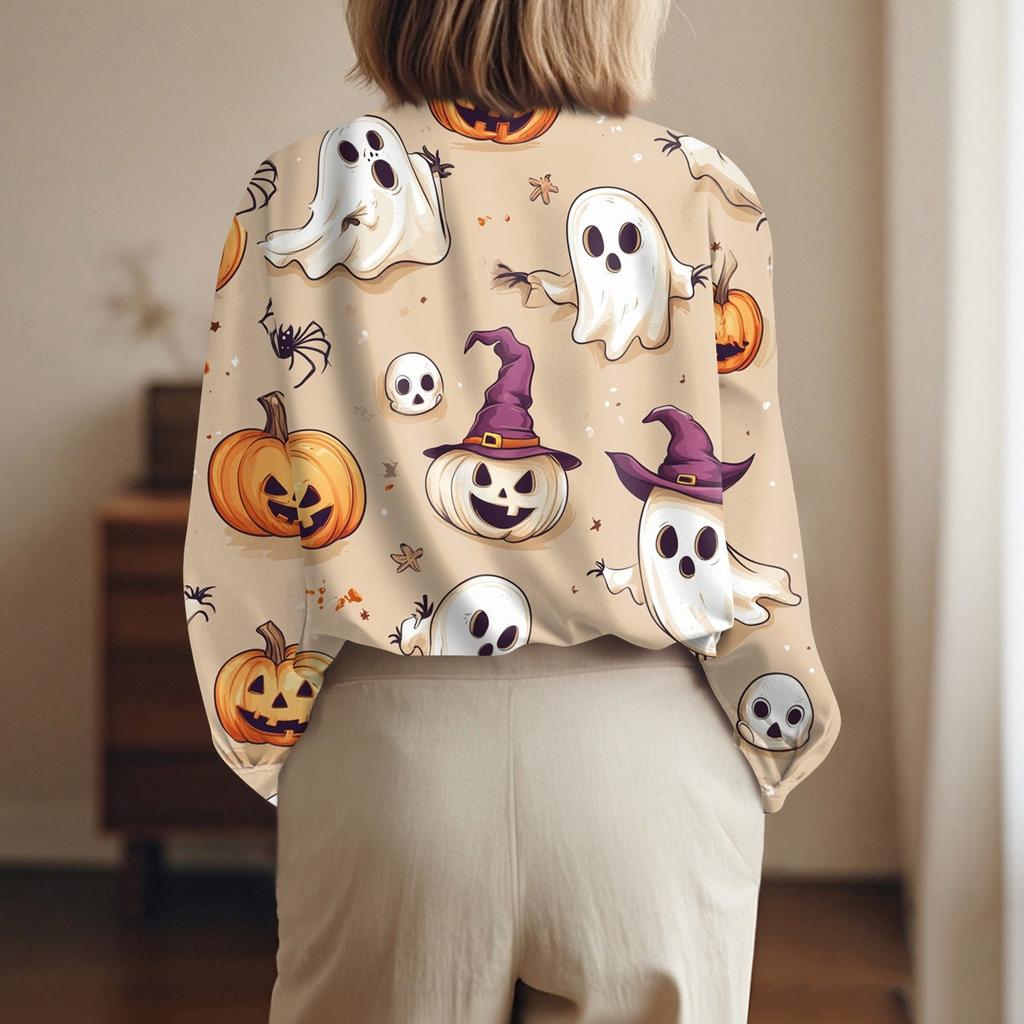 Damen Hemd Bluse Halloween Print Knopf Langarm Lässig Basic Hemdkragen Regulär Top