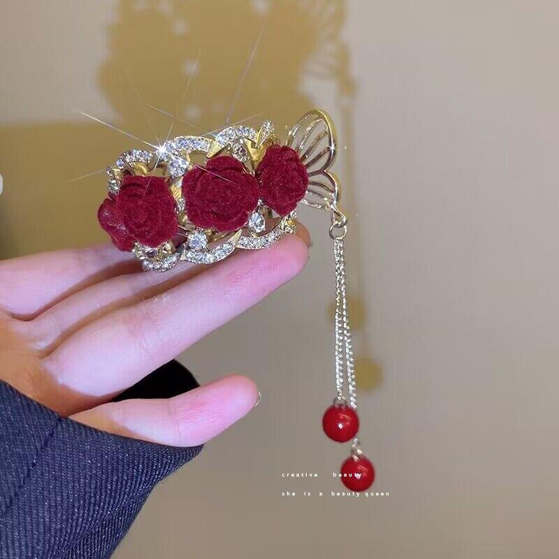 Red Rose Bun Hair Clip Headwear Female Head High-grade Feeling Half A Shark Clip Delicate Butterfly Hair Clip