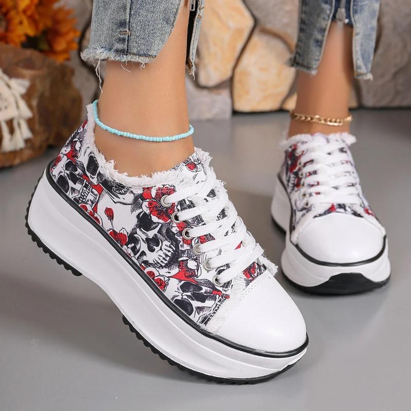 Klobige Plateau-Print-Sneaker für Damen 2025 Herbst Schnürschuhe Vulkanisierte Schuhe Frau Rutschfeste Dicke Sohle Sportschuhe Übergröße