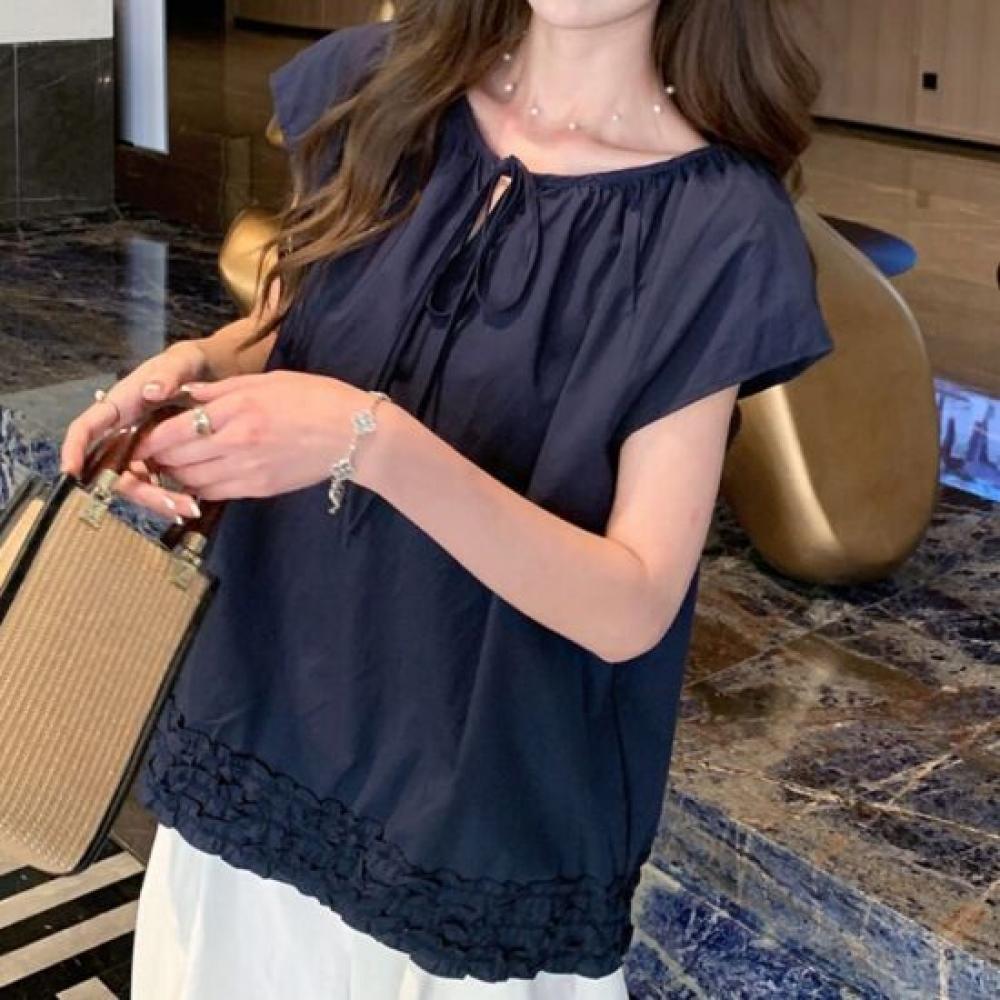 Navava Women Lovely RUffle Hem Shirring U Neck Cap Sleeve bloUse Nb3177