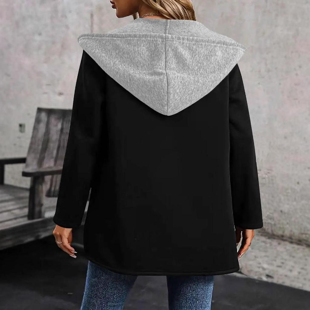 Women's Long-sleeved Casual Fashion Patchwork Contrasting Color Cardigan Hooded Sweatshirt