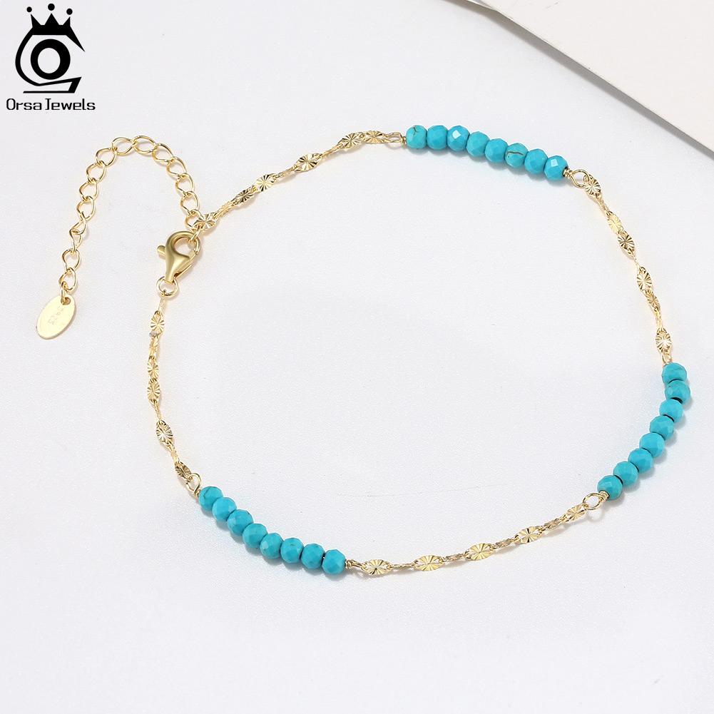 ORSA JEWELS Fashion 3mm Turquoise Gemstone Beads 925 Sterling Silver Butterfly Chain Anklet for Women Summer Beach Jewelry SA85