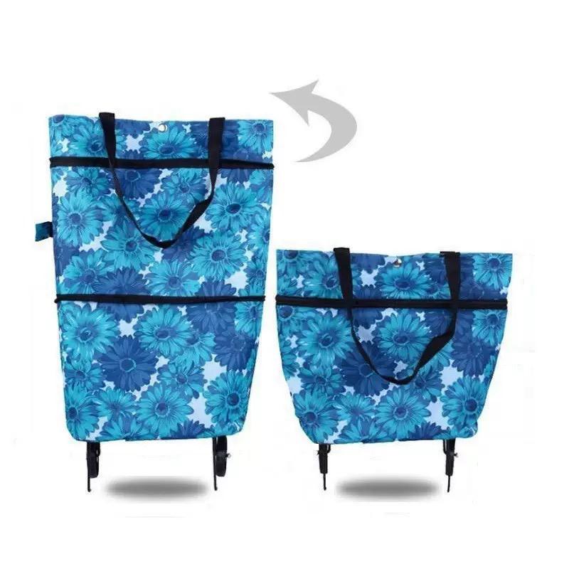1pc Foldable Handbag, Small Trolley Large Supermarket Shopping Bag, Hand-drawn Grocery Cart Portable Bag