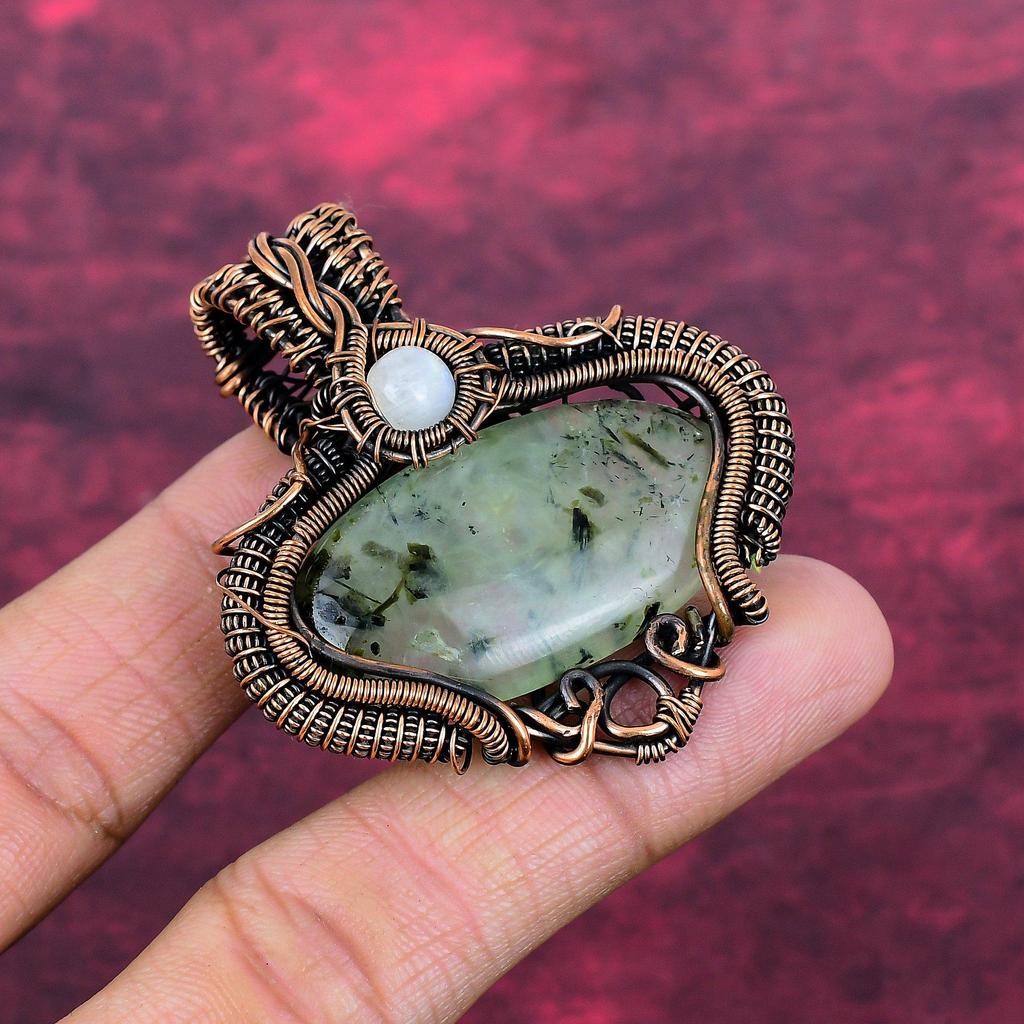 Moss Prehnite Pendant Copper Wire Wrapped Pendant Rainbow Moonstone Gemstone Jewelry