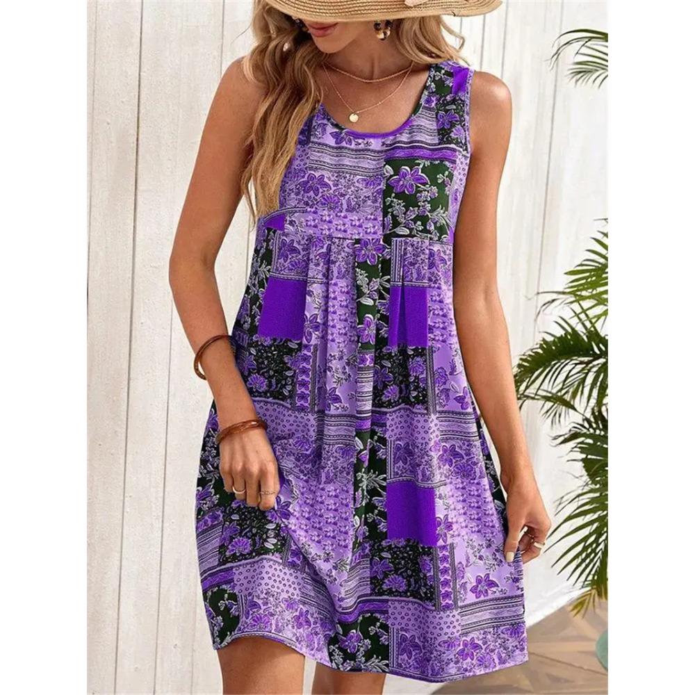 Damen Minikleid ärmellos 3D-Blumendruck Streetwear-Kleid Übergröße Retro Freizeitkleid