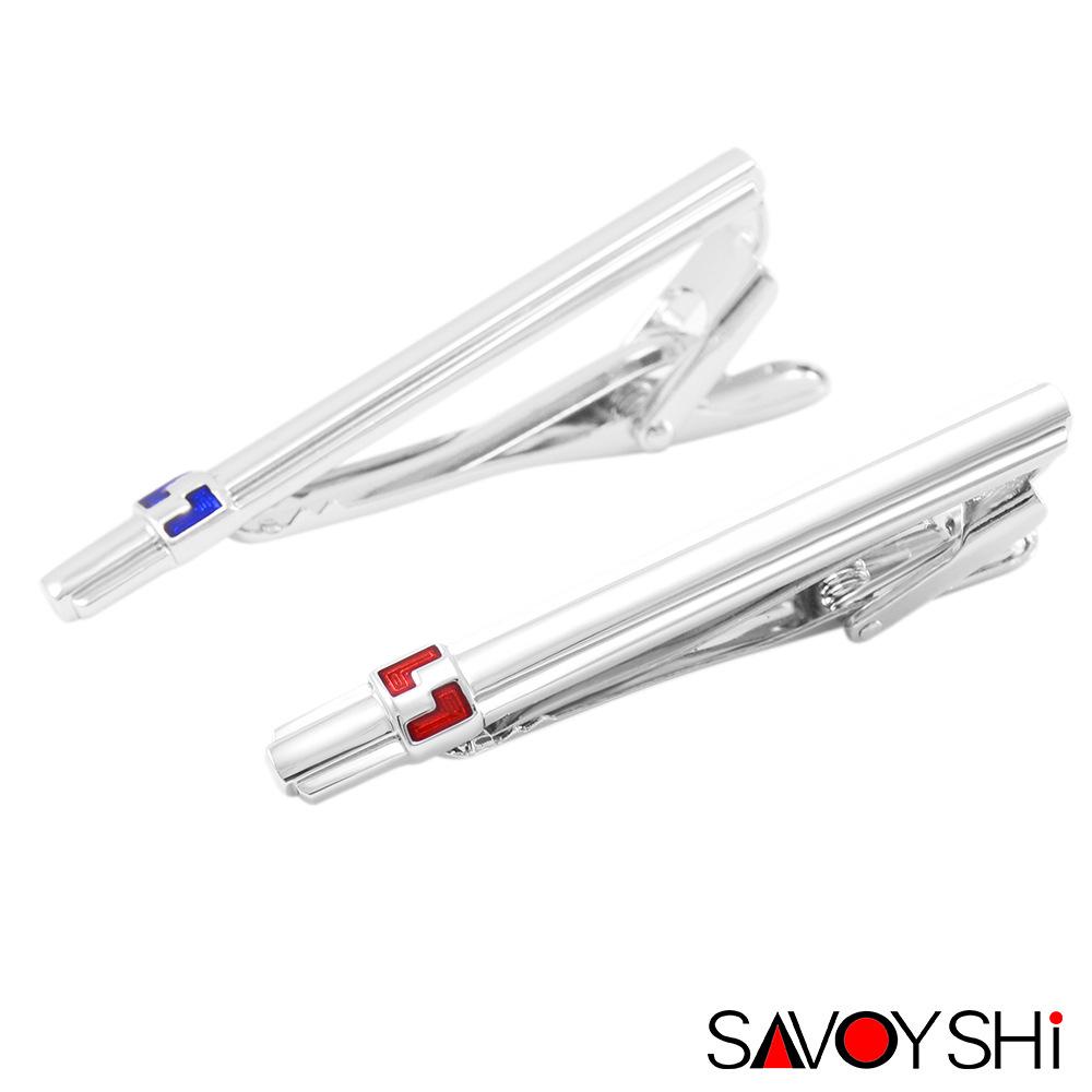Savage Metal Minimalist Red & Blue Meander Tie Clip and Cufflinks Set