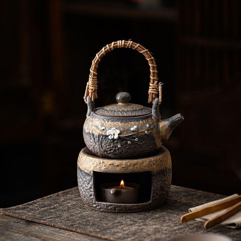Vintage Japanese Style Rustic Ceramic Tea Kettle / Heating Base - Portable Handle Teapot for Home Use