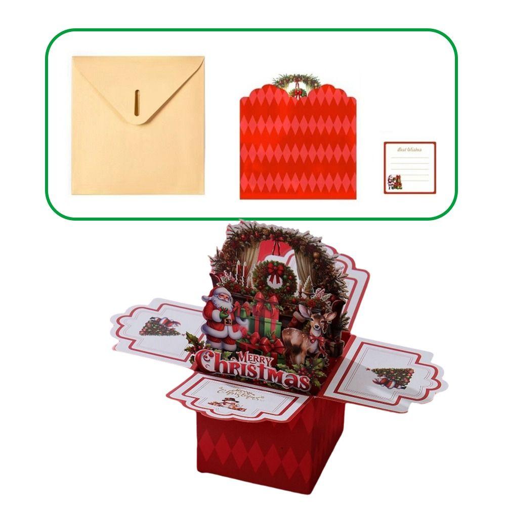 Romantic 3D Pop Up Christmas Greeting Cards with Envelope Surprised Xmas Gift Cards Santa Claus Blessing Card Invitations