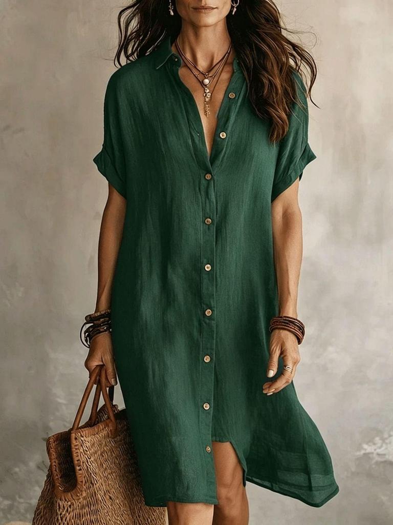 2026 European and American Spring/Summer Casual Cotton Linen Short Sleeve Shirt Dress