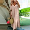 Women's Summer Fashion Large Size V-neck Solid Color Short-sleeved Loose Long Swing Dress