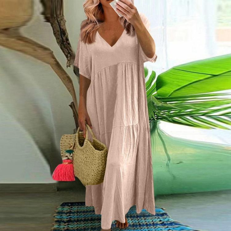 Women's Summer Fashion Large Size V-neck Solid Color Short-sleeved Loose Long Swing Dress