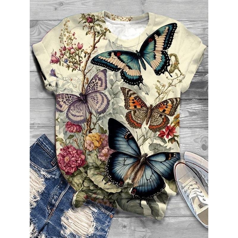 Summer Round Neck Flower Butterfly Pattern 3D Print Top Fashionable Casual Short Sleeved Women's T-shirts