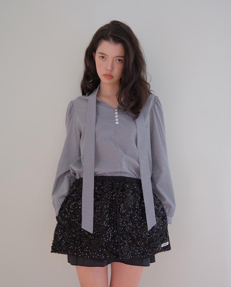 Prebois V-Neck Tie Check Blouse Black/Free