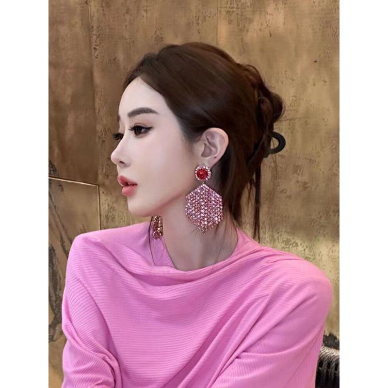 Jiao Jiao Same Geometric Rose Red Stud Earrings Pink Rhinestone Tassel Drill Chain Exaggerated Earrings Fashion Face Slimming Earrings