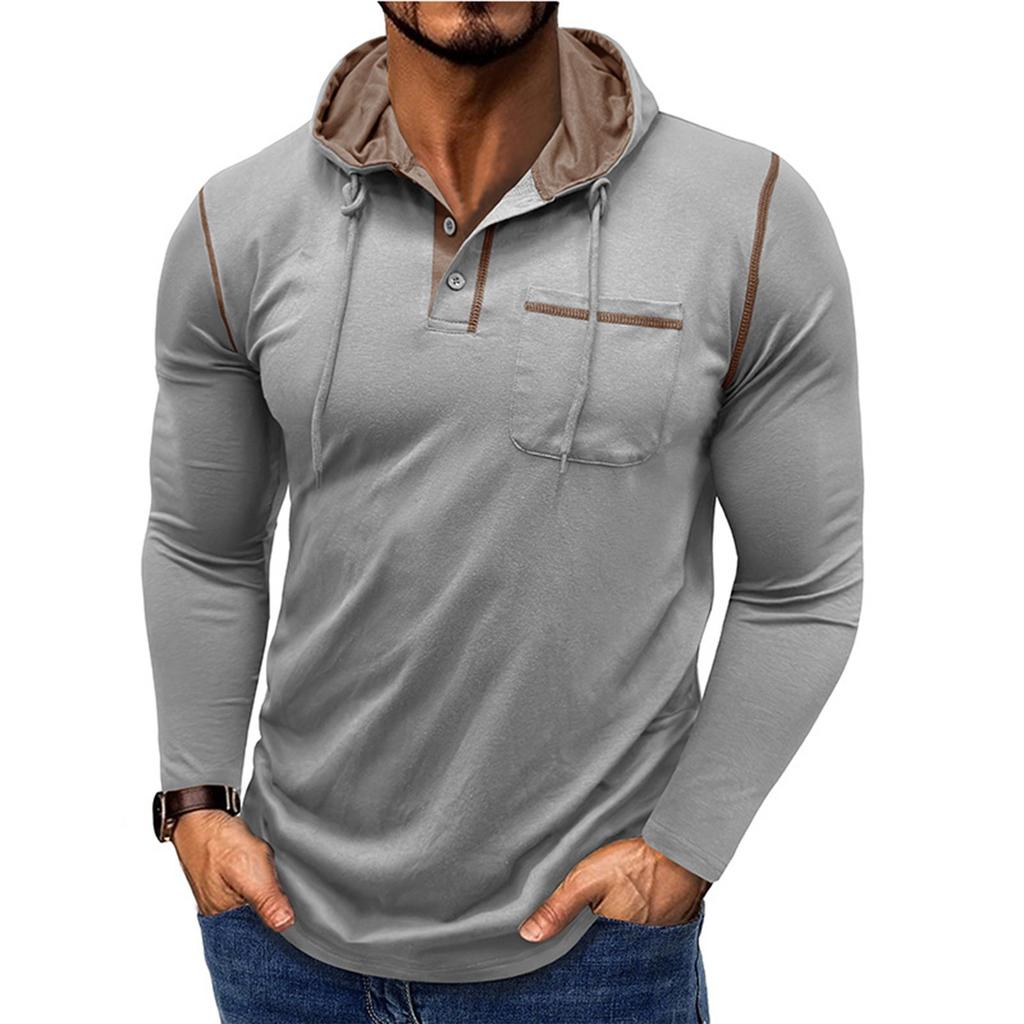 Men's Spring And Solid Color T-shirt Lapel 3 Button Open Placket Button Long Sleeved Top