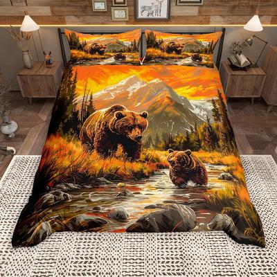 Homewish Rustic Farmhouse Lodge Cabin Duvet Cover Set, Wild Bear Deer Quilt Cover Set, Woodland Animal Bedding Set