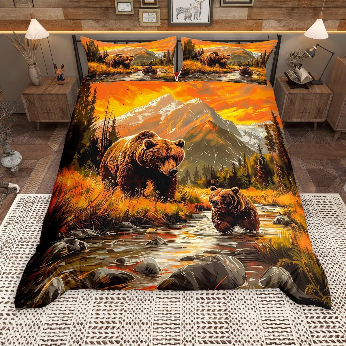 Homewish Rustic Farmhouse Lodge Cabin Duvet Cover Set Wild Bear Deer Quilt Cover Set Woodland Animal Bedding Set EU Single(135*200cm)3pcs