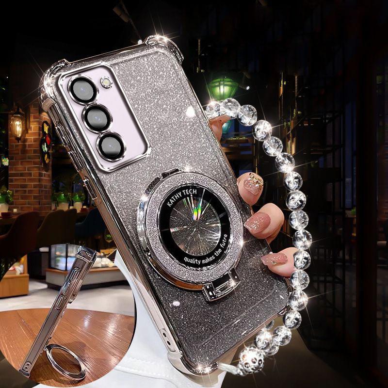 Luxury Lanyard Glitter Magnetic Holder Case For Samsung Galaxy S25 S24FE S23 Ultra S22 S21 S20 Plus Note 20 Ultra Silicone Cover