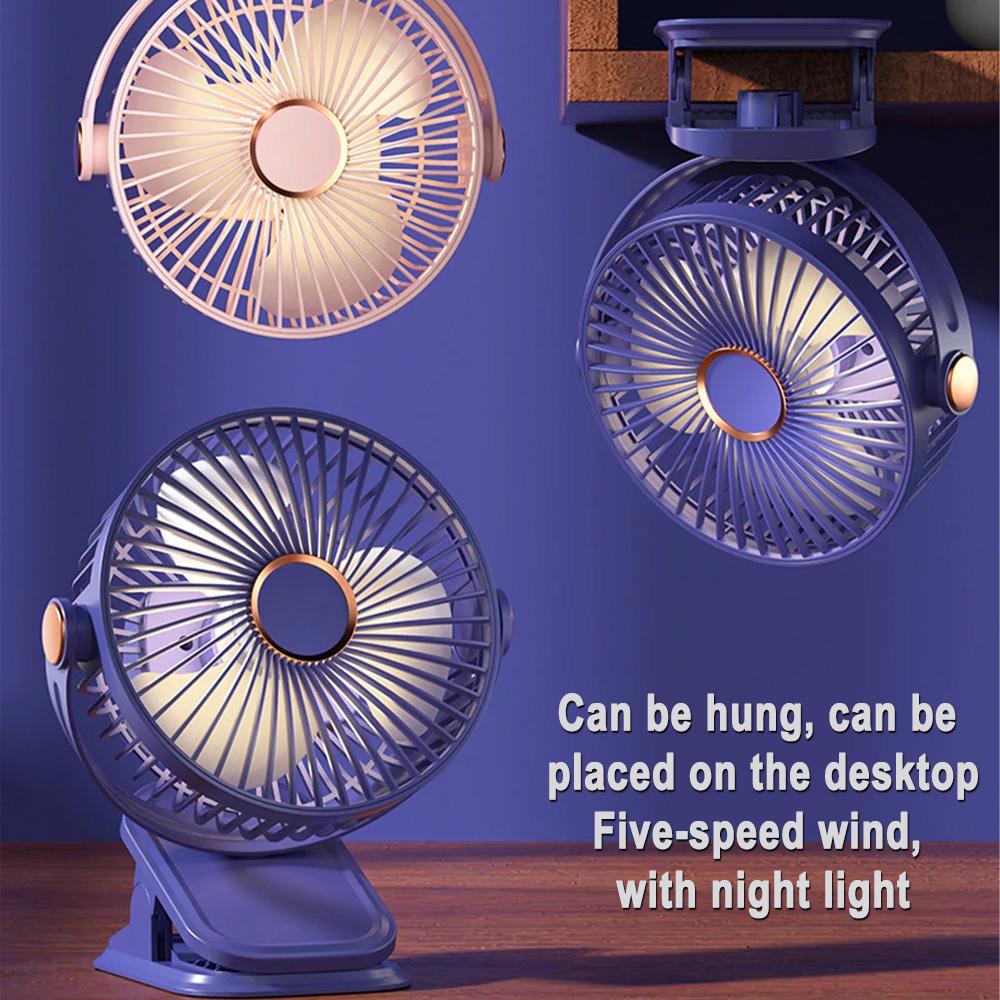Portable Clip Fan with LED Lights Desk Fan 5 Speed Quiet Rechargeable Mini Table Fan, 360° Rotate Personal Cooling Fan for Home Office