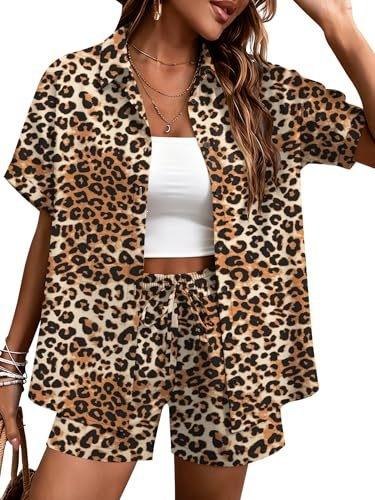 Plant-printed short-sleeved shirt, elastic waist shorts, two-piece set, vacation style casual suit, women's