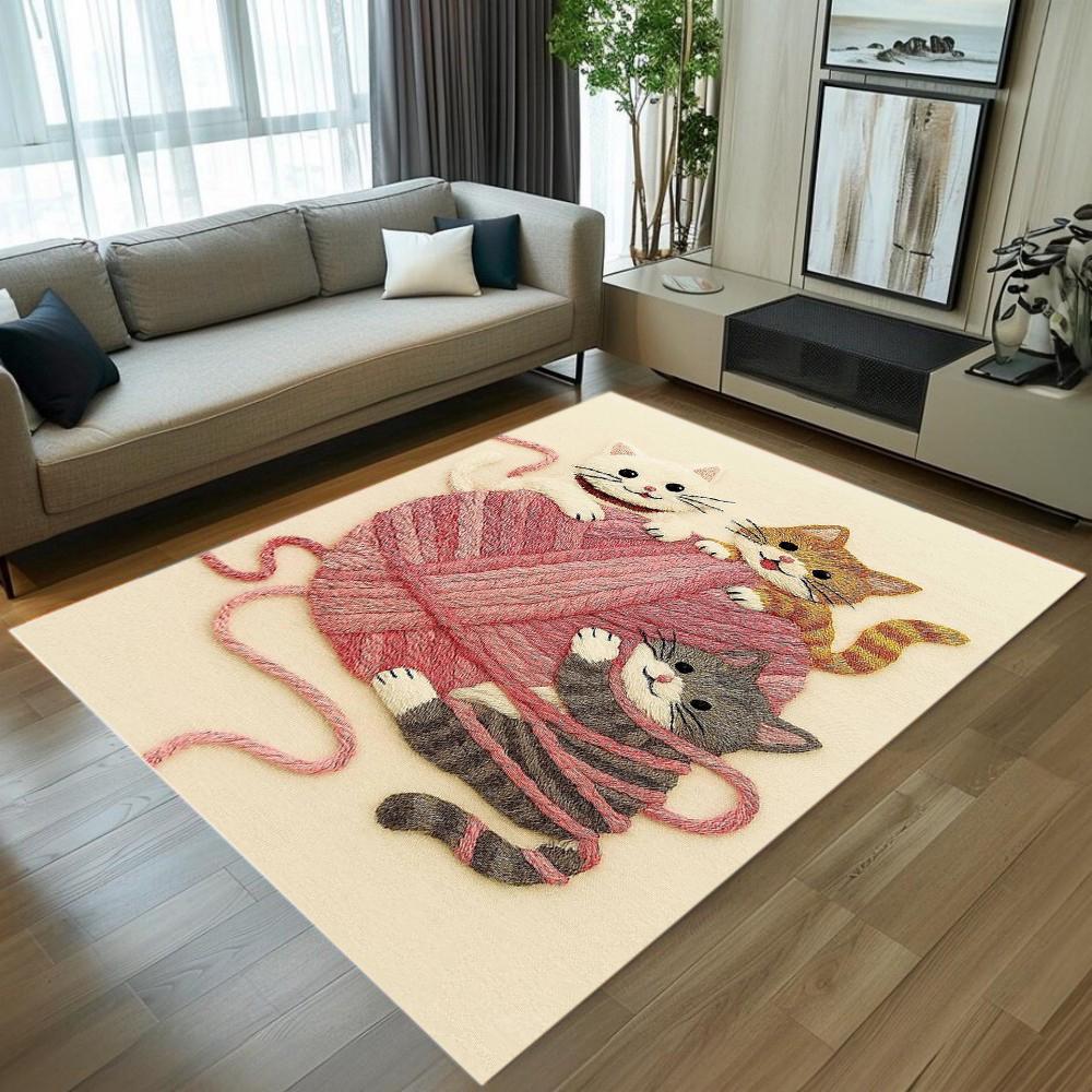 Niedliches Katzenstickerei-Muster Teppich Rutschfest Weich Langlebig Waschbar Fußmatte Dekor Teppich für Wohnzimmer Schlafzimmer Heimdekoration