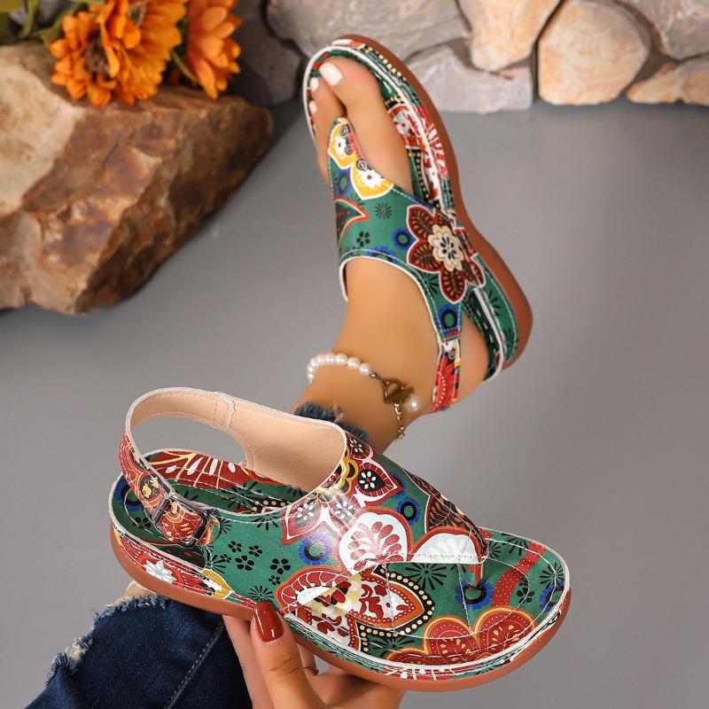 Large Size Herringbone Sandals Women's New Embroidered Flower Back Strap Wedge Heel Women's Sandals