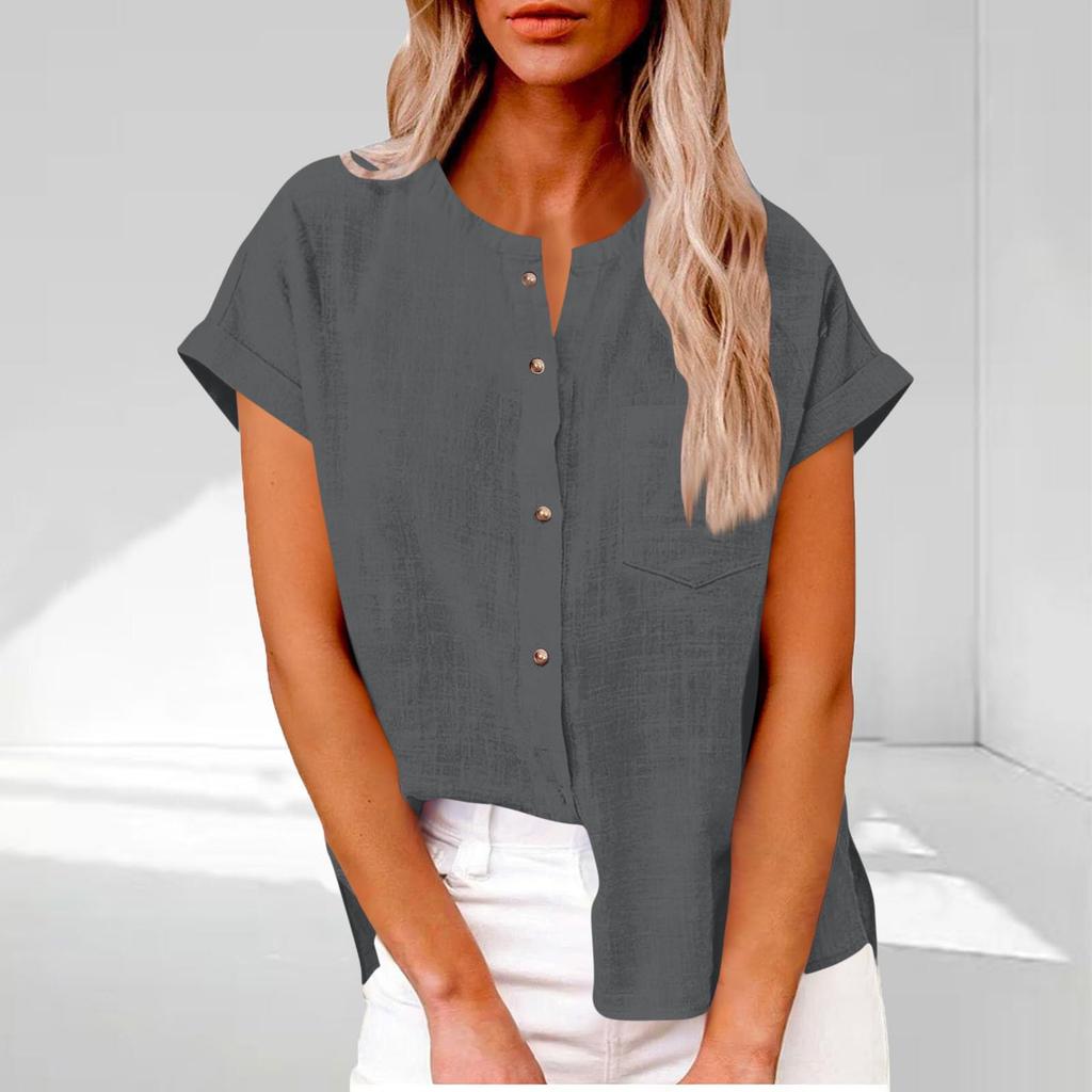 Women's Fashionable Loose-Fit Casual Shirt Button-Up Short-Sleeve Cotton-Linen Blend Top