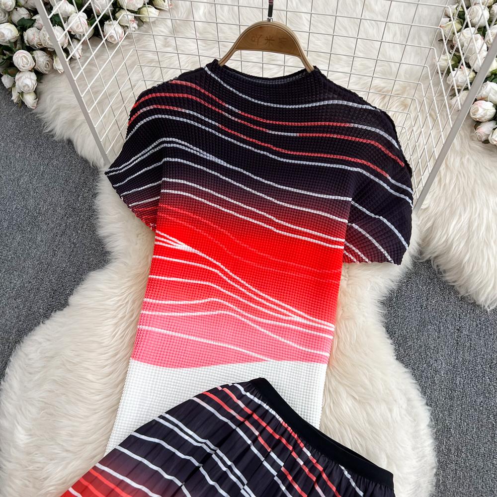 Women's Stand Collar Short Sleeve Striped Gradient High Waist Short Top Two Piece High Waist Pleated Skirt