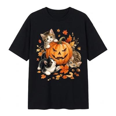 Pumpkin Cat Graphic Halloween Black T Shirt Gift For Friends