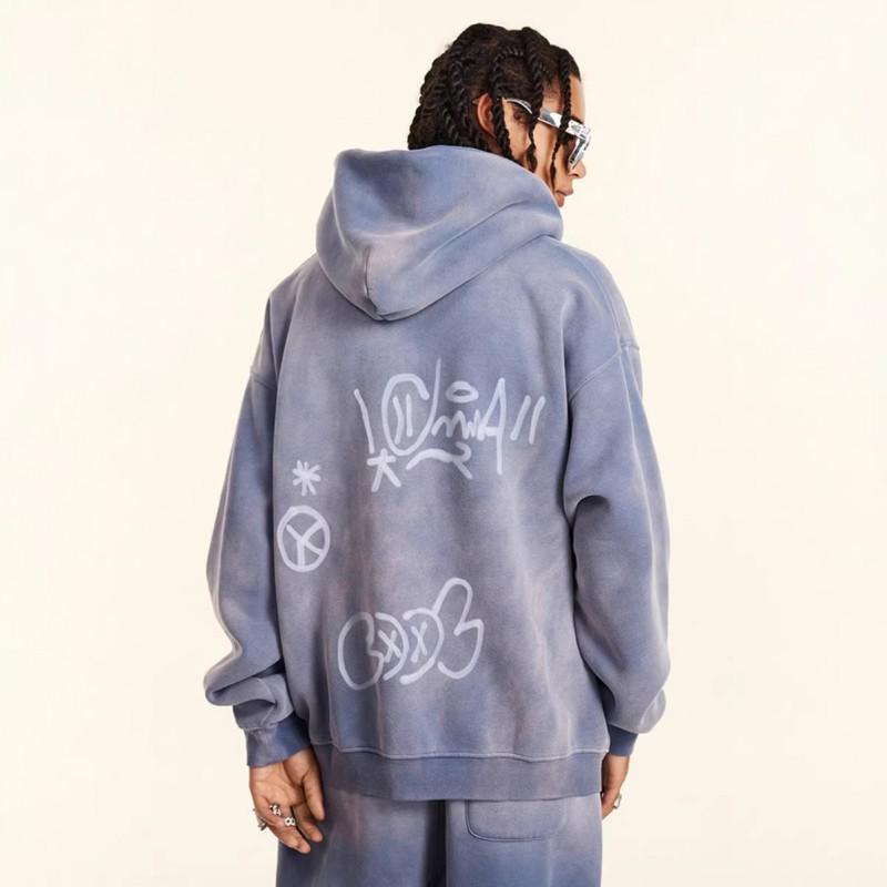 Unisex Winter Hooded Zip-Up Oversized Fleece-Lined Sweatshirt With Hand-Drawn Graffiti Print Daily Wear