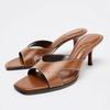 Elegant Brown Square Toe High Heels Ladies Mules Sandals  Summer   Sexy Women Shoes Fashion Sewing Stiletto