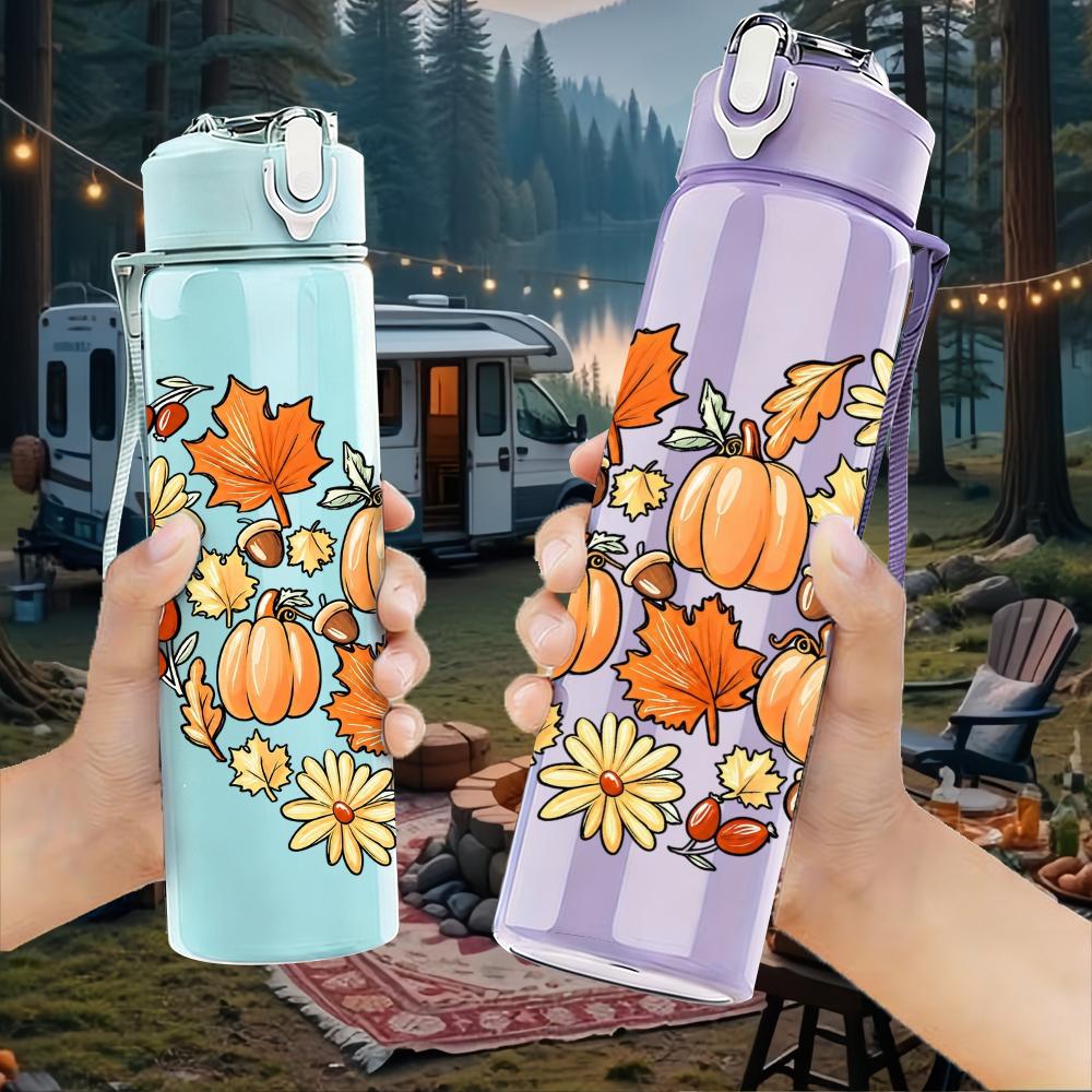 1PC Autumn Pumpkin Heart 750ml Color Plastic Sports Water Bottle Leakproof Flip Straw Lid Suitable for Sports Office Home Use