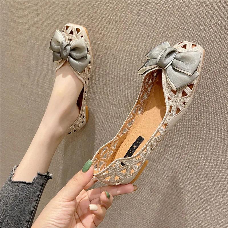 Comemore 2025 Summer Women's Sandals Romanesque Embroidery Hollowed Out Retro Square Head Flat Single Shoe Breathable Shoes