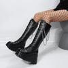 Pluss størrelse kvinners rund tå økende høyde plattform goth mellomlange støvletter punk kjede tykk hæl side glidelås sko for kvinner