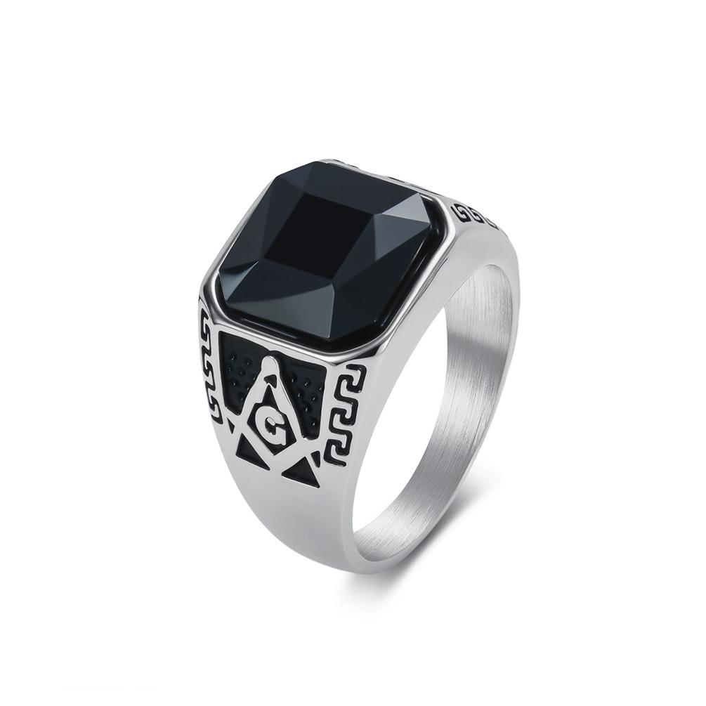 Vintage Classic Masonic Black Gem Ring Ring Men s Niche Literary Brotherhood Stainless Steel Index Finger Ring 7#