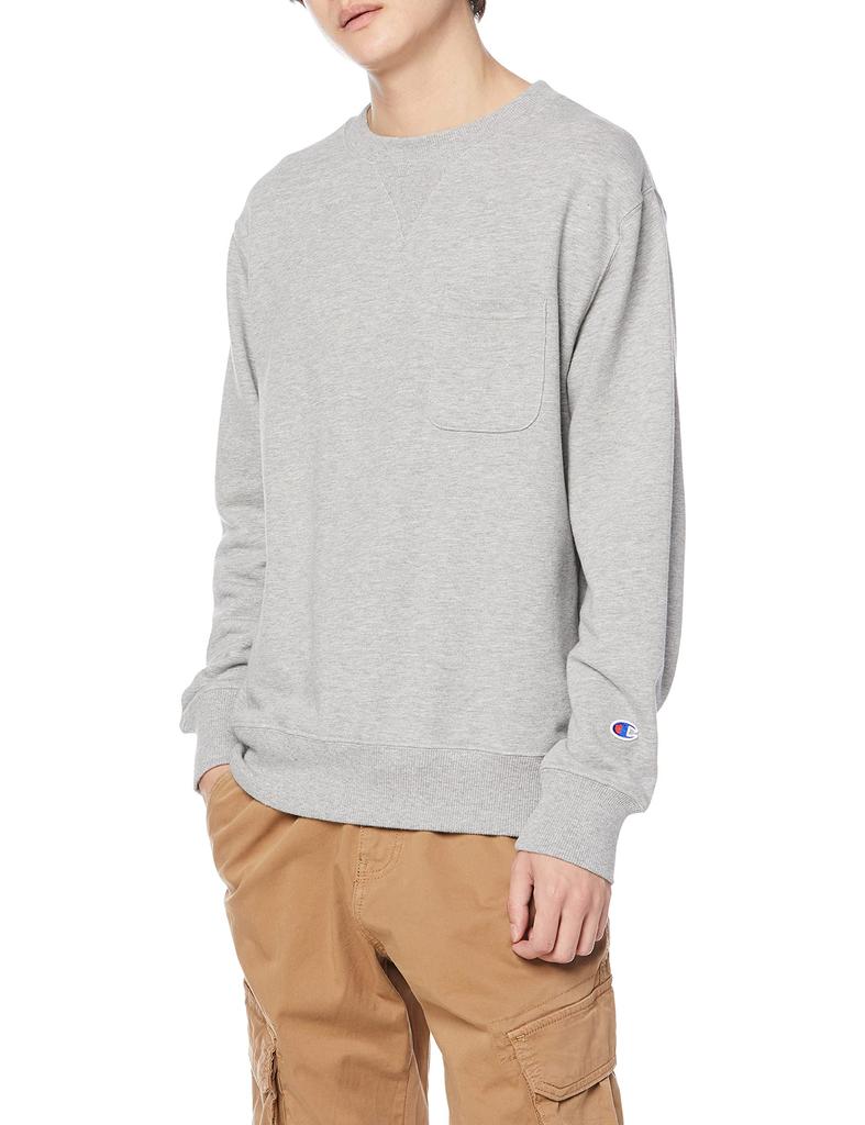Champion Crew Neck Pocket Cotton Basic Oxford Size XL Sweatshirt, USA, One-Point Logo, Men's, C3-U023, Gray,