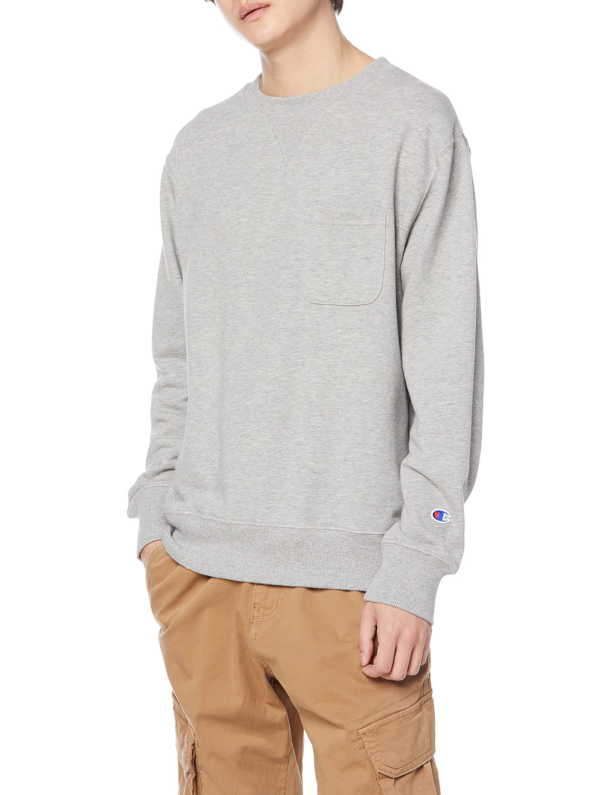 

Champion Crew Neck Pocket Cotton Basic Oxford Size XL Sweatshirt, USA, One-Point Logo, Men s, C3-U023, Gray,