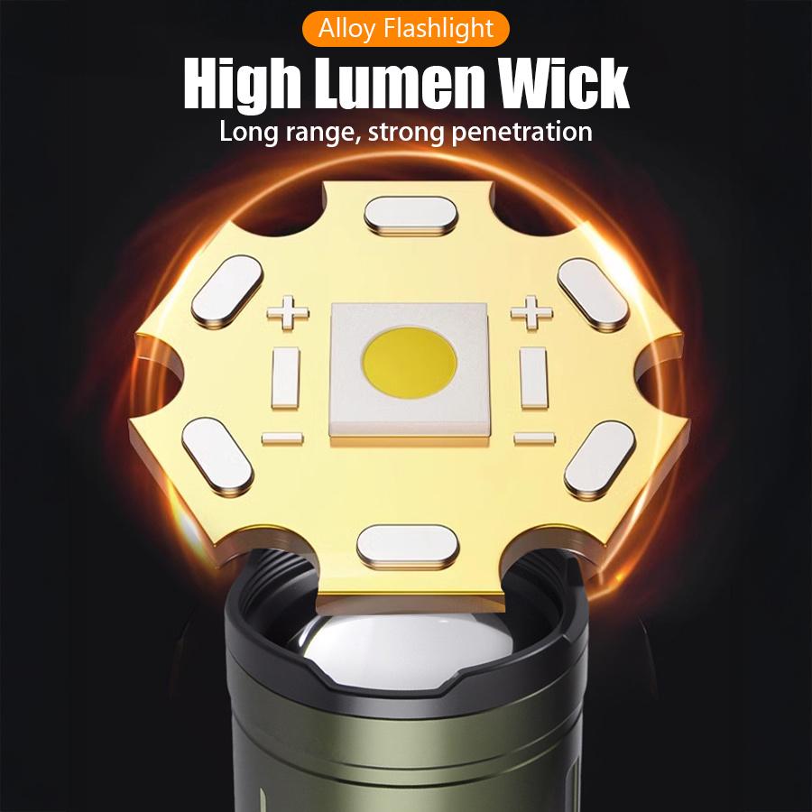 Ultra bright LED alloy flashlight with ultra-high wick illumination and rechargeable searchlight for camping emergency lighting, battery free