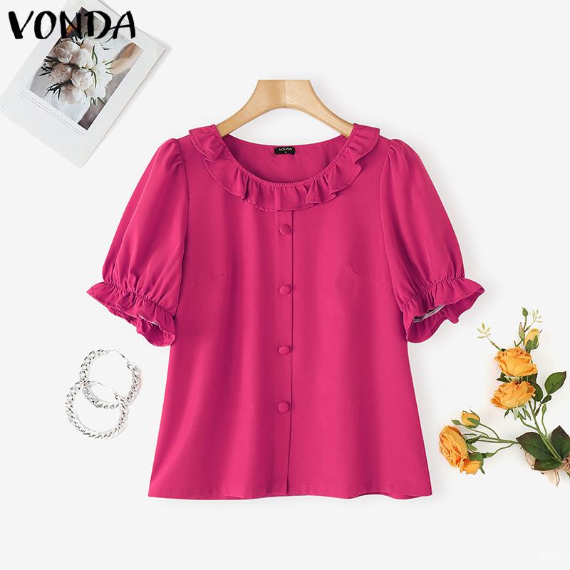 VONDA Women Summer Ruffled Neck Puff Sleeve Solid Color Casual Cropped Blouse